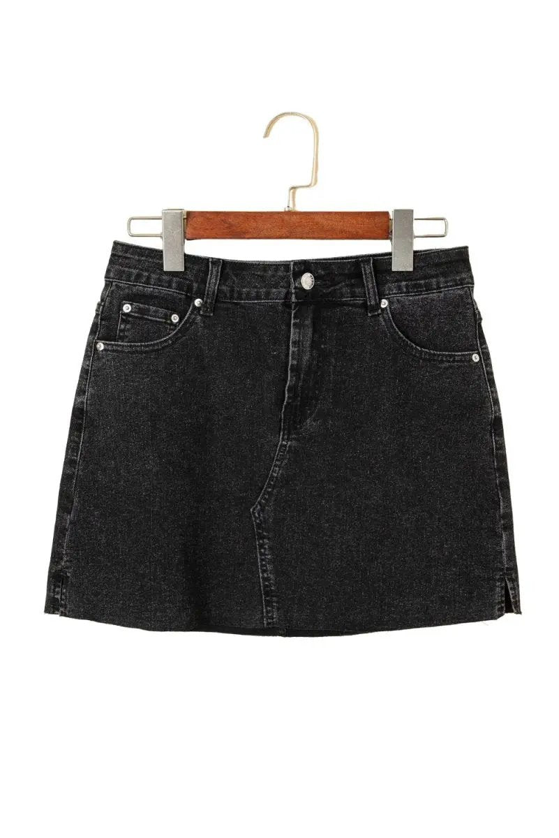 Carbon Grey Mineral Wash Ripped Raw Hem Denim Mini Skirt - Love Salve